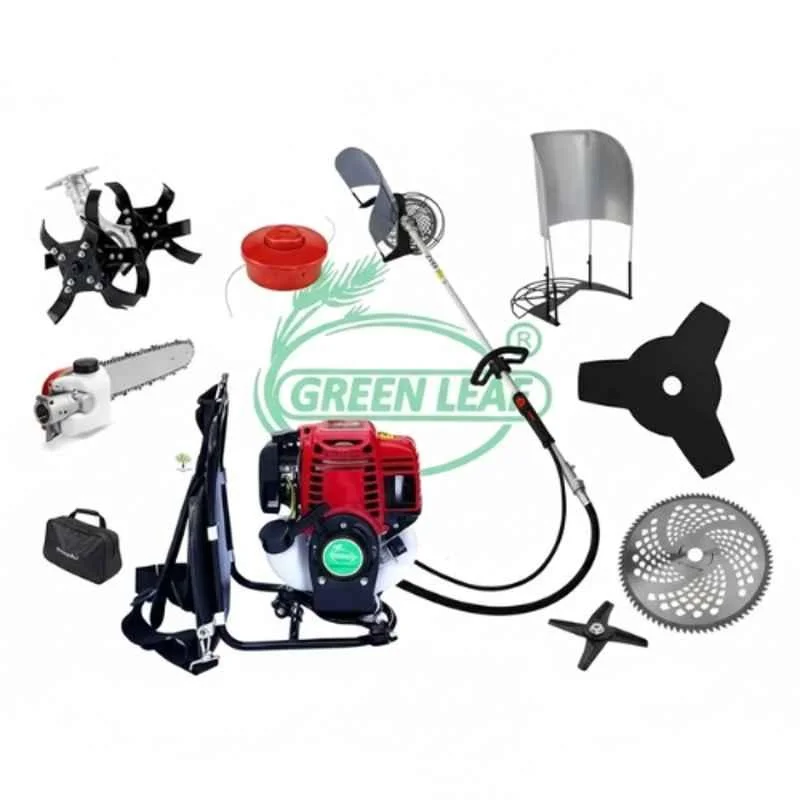 Greenleaf 3 HP 63CC 2 Stroke Petrol Engine Backpack Brush Cutter with Weeder/Tiller Chainsaw Paddy Guard and Blade Attachments,