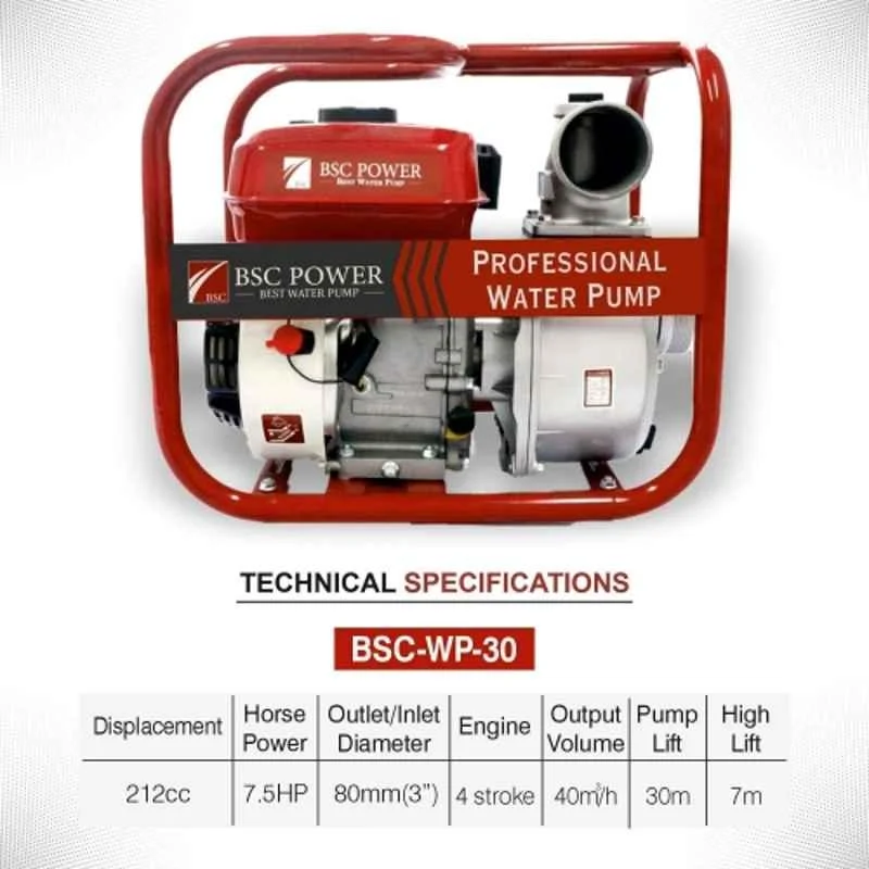 BSC POWER WP-30, 7.5 HP 4-stroke 212-cc 3 inch Petrol Water Pump