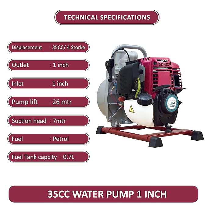 Petrol Engine Water Pump of 1.5 inch 4 Stroke With 35 cc Displacement Used For Irrigation, Water Logging
