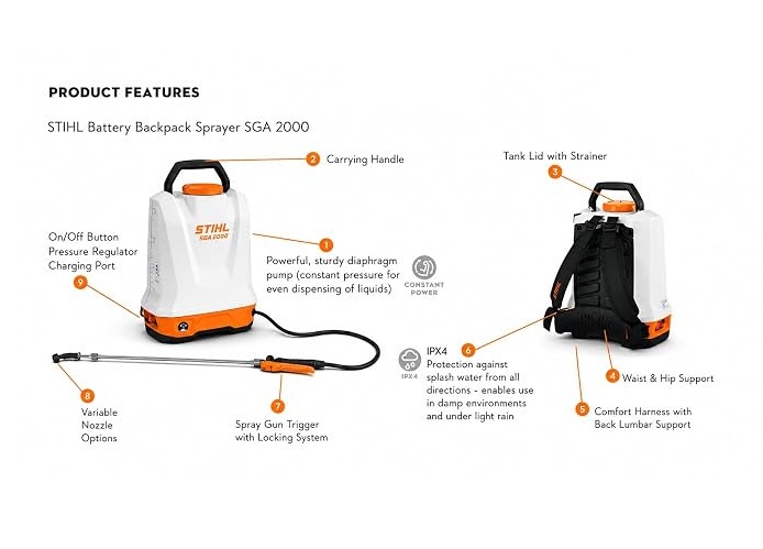 Stihl SGA 2000 Cordless Battery Backpack Sprayer, 20L Agricultural Sprayer with 6 Bar Pressure, 8+ Hours Runtime, 4 Nozzle Options, Orange & White