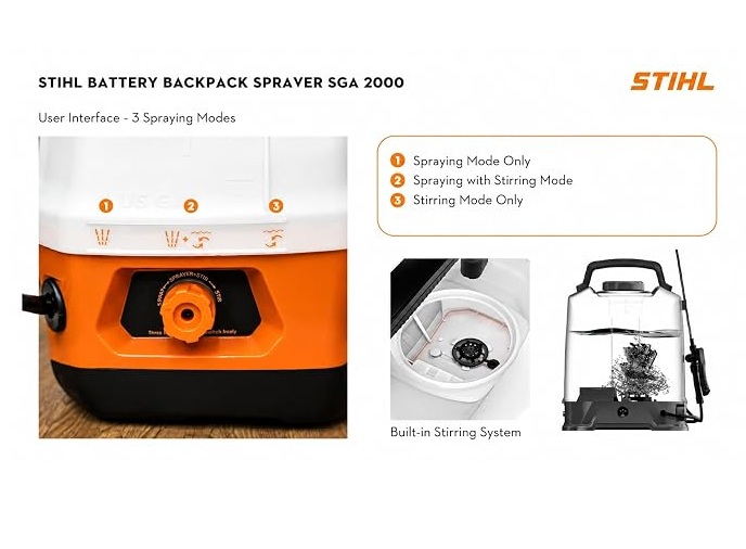 Stihl SGA 2000 Cordless Battery Backpack Sprayer, 20L Agricultural Sprayer with 6 Bar Pressure, 8+ Hours Runtime, 4 Nozzle Options, Orange & White
