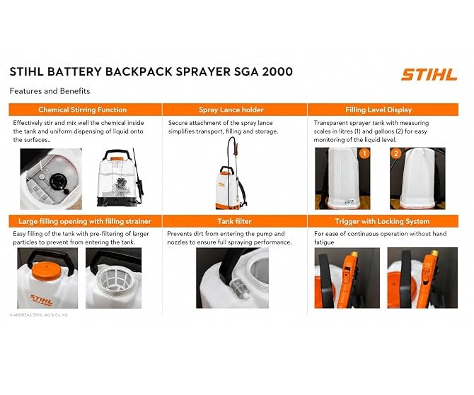 Stihl SGA 2000 Cordless Battery Backpack Sprayer, 20L Agricultural Sprayer with 6 Bar Pressure, 8+ Hours Runtime, 4 Nozzle Options, Orange & White
